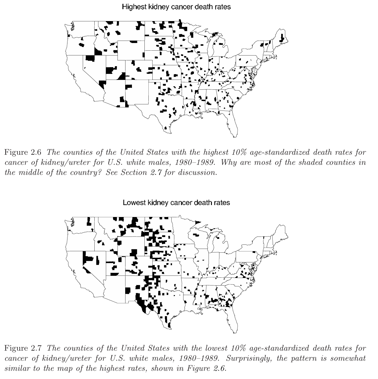 The counties of the United States with the age-standardized death rates for cancer of kidney